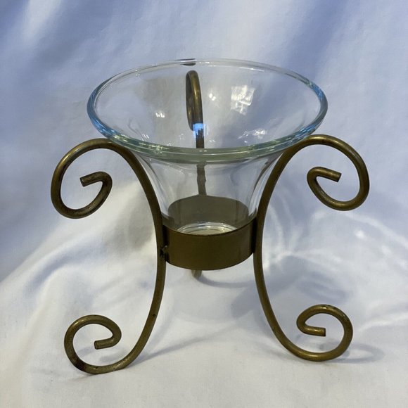 Indiana Glass Scroll Candle Holder Set. Crystal Glass With Metal Gold Support 6" - Picture 2 of 9